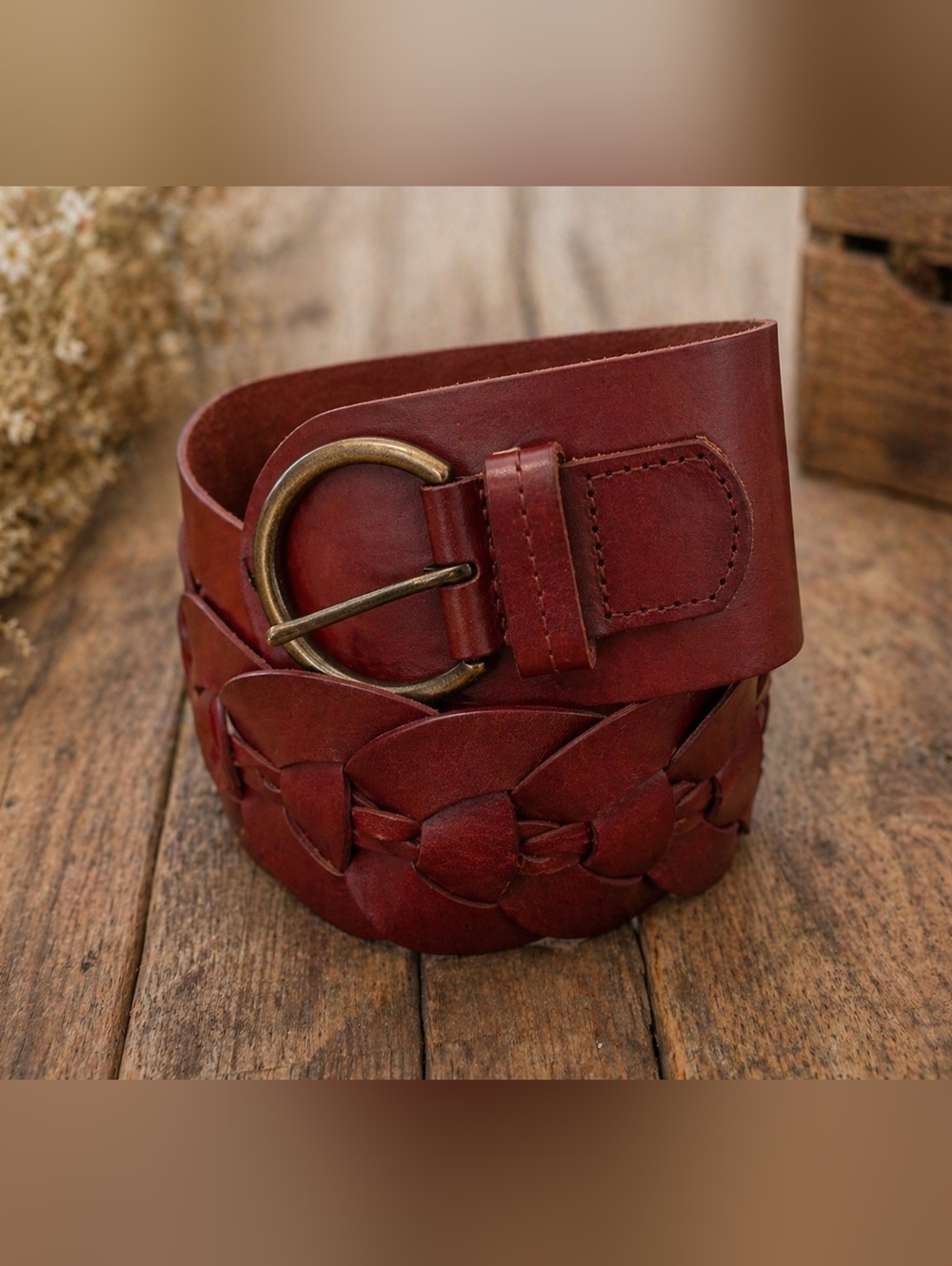 Vintage Leather Braided Belt Wide Boho Western Brown 38 Long